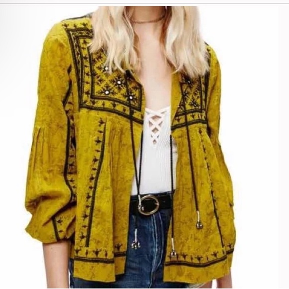 Free People Twilight Embellished Cotton Jacket yellow mustard color Size XS - Picture 11 of 14
